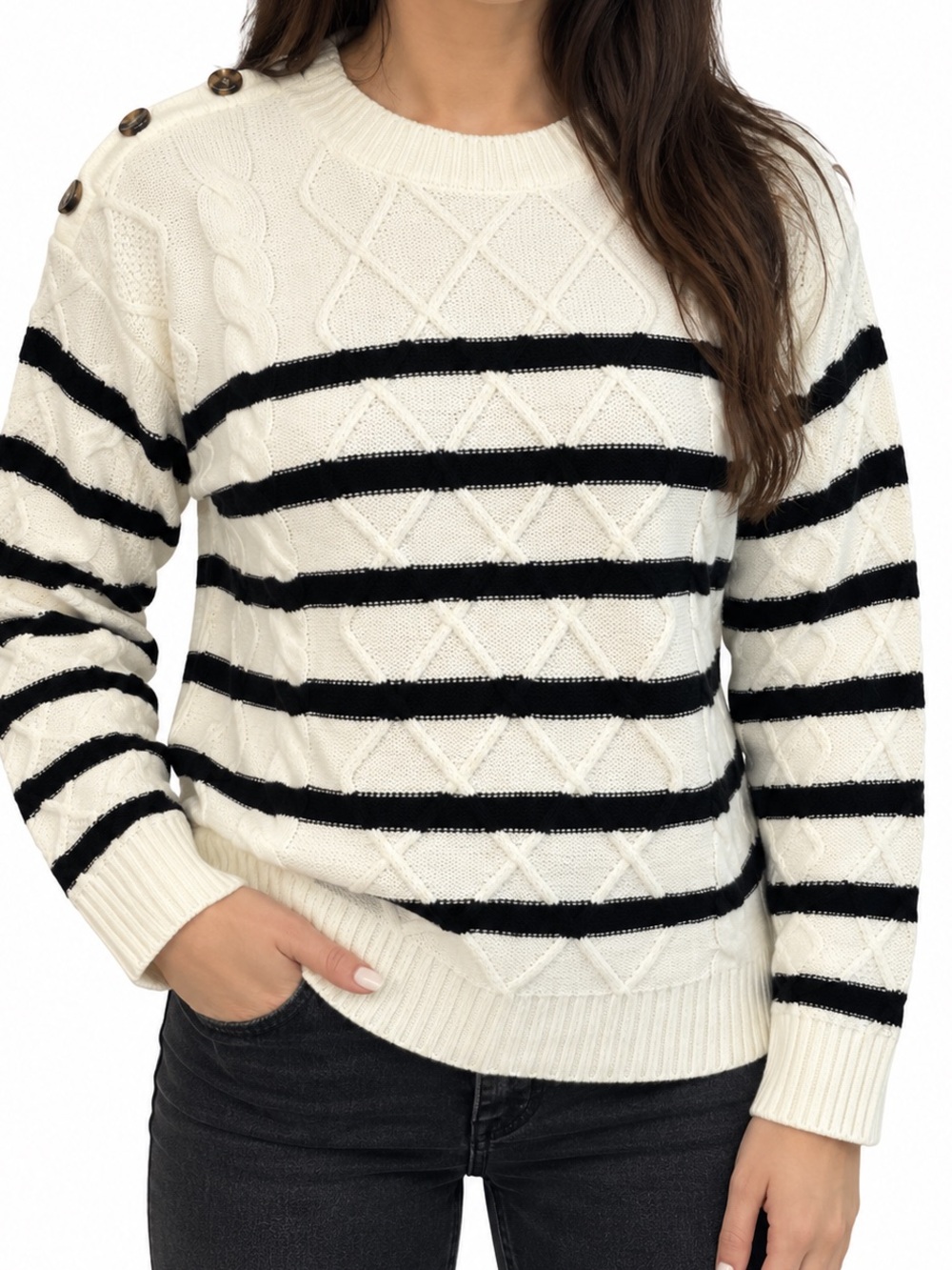 Cream Black Striped Cable Knit Sweater Shoulder Button Size S